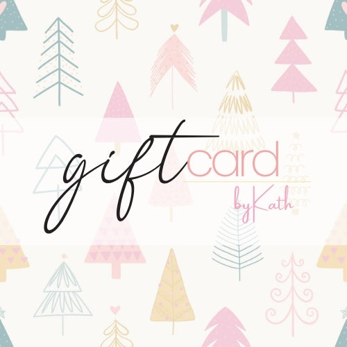 This festive season, surprise your loved ones with the byKath.com Festive Season Gift Card. Featuring a stylish design of pastel Christmas trees and adorned with the elegant script "gift card by Kath," it's an ideal choice for gratitude gifts.