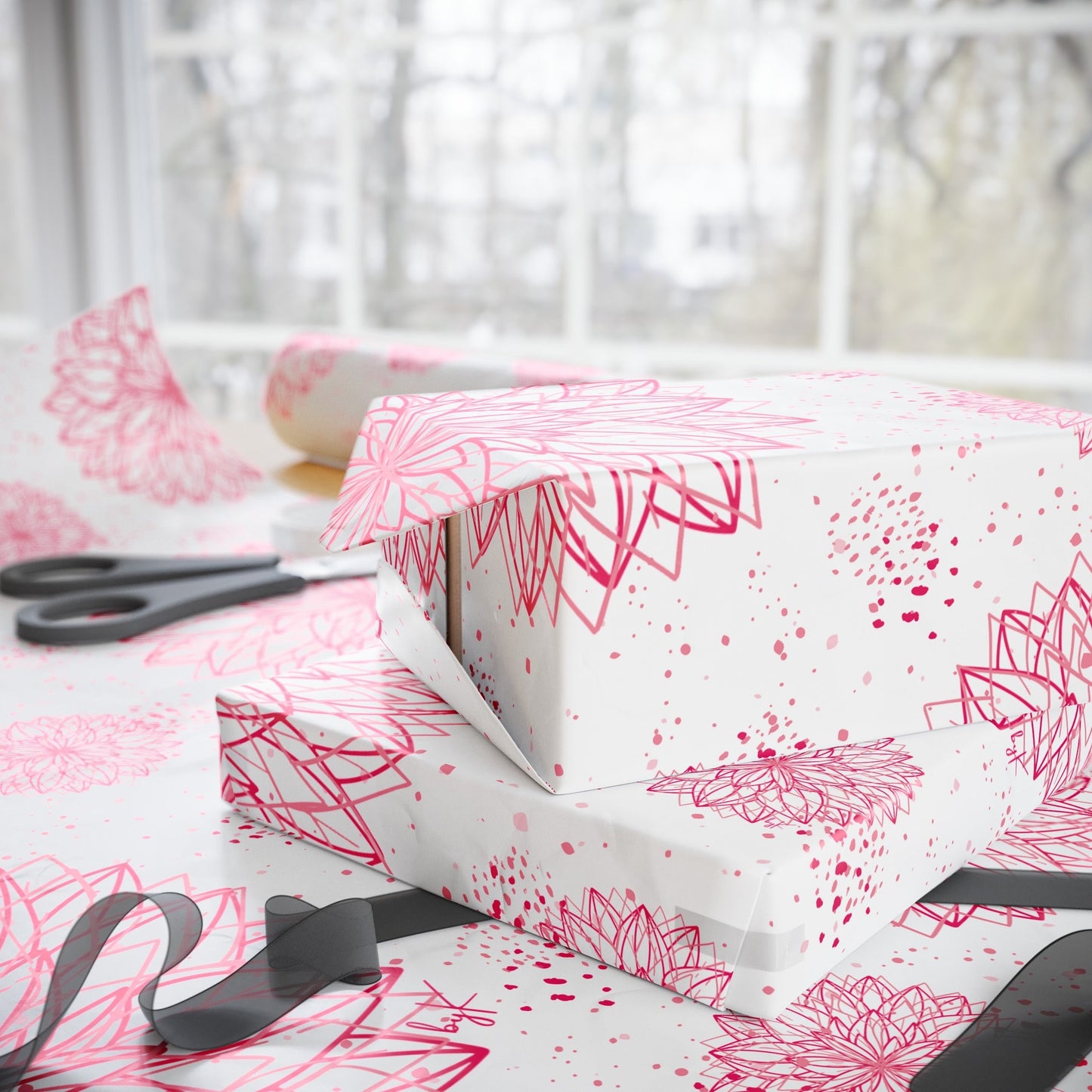 Designed byKath.com Pink and white floral Wrapping Paper in various sizes
