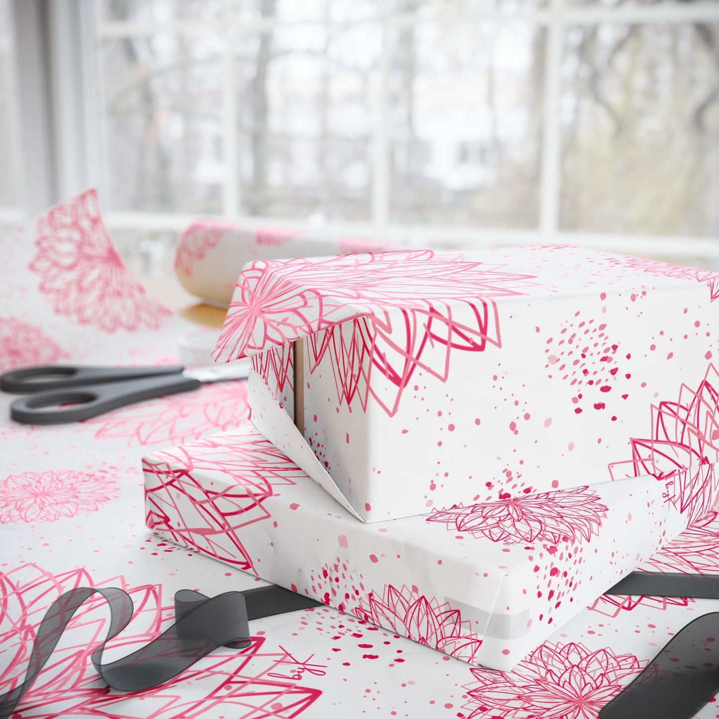Designed byKath.com Pink and white floral Wrapping Paper in various sizes