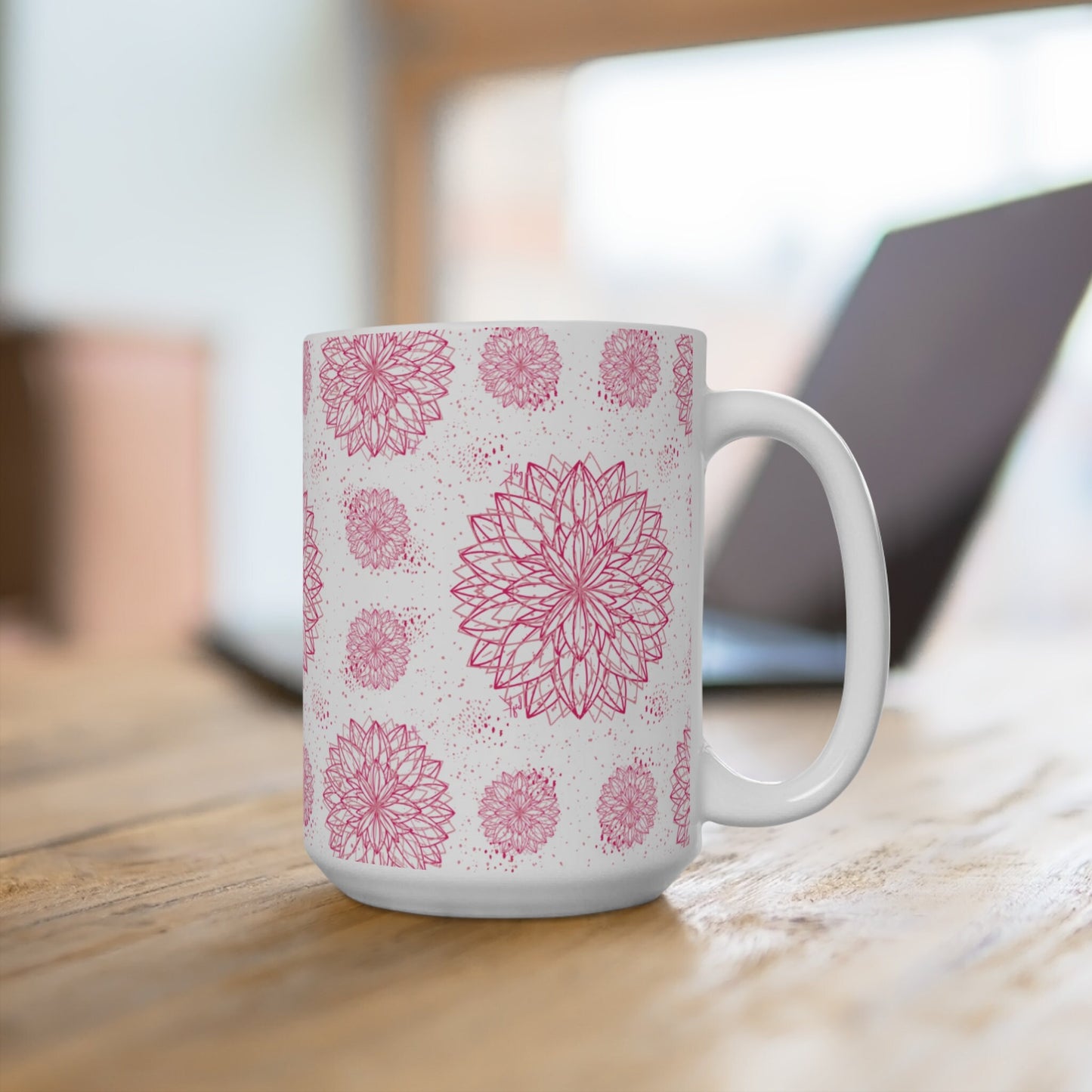 Mug 15oz - Designed byKath.com, all over floral print in pink and white