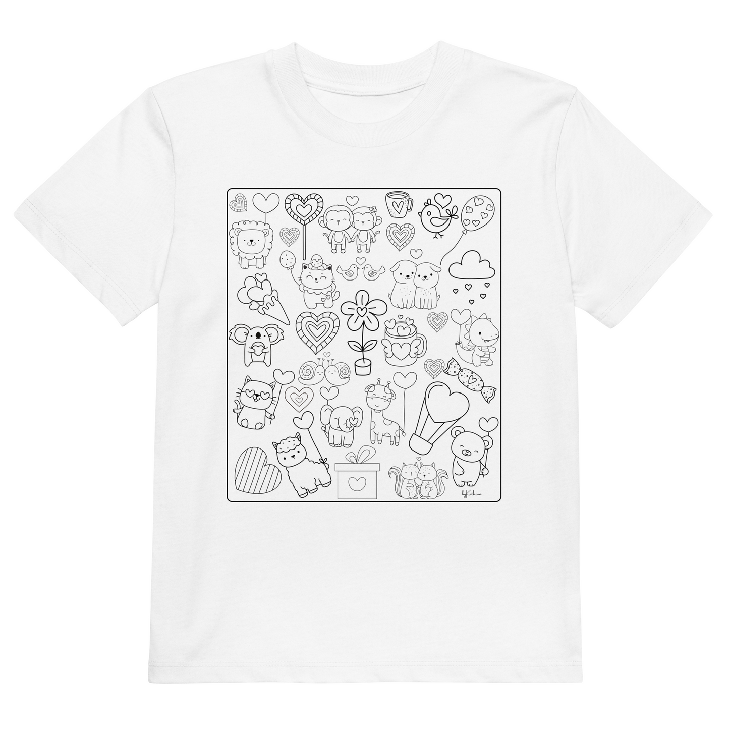 The Heart Doodles Color-in Tee by byKath.com is a white organic cotton kids T-shirt, adorned with an outline pattern of various cute, outlined cartoon characters and objects. The design features animals, hearts, flowers, balloons, and rainbows in black line art that can be colored in. This comfortable shirt comes with short sleeves and a round neck.
